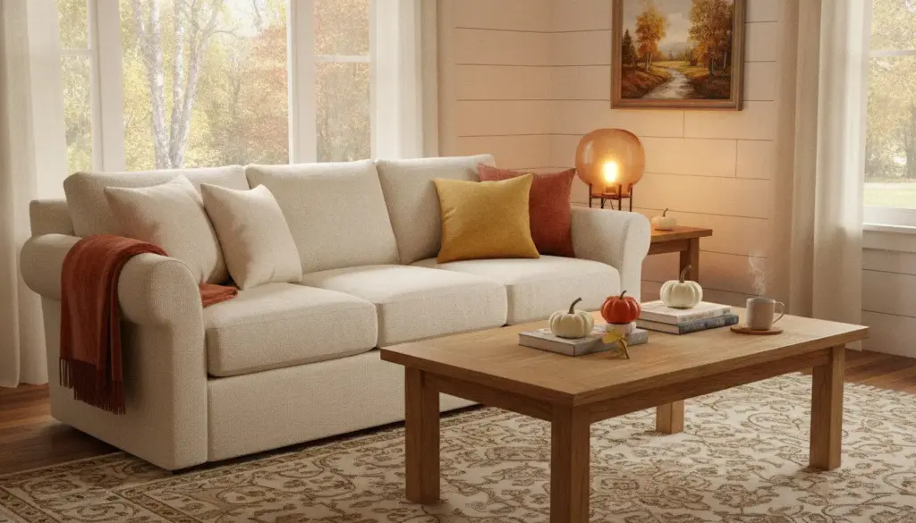 Fall cleaning checklist beside a cozy clean living room