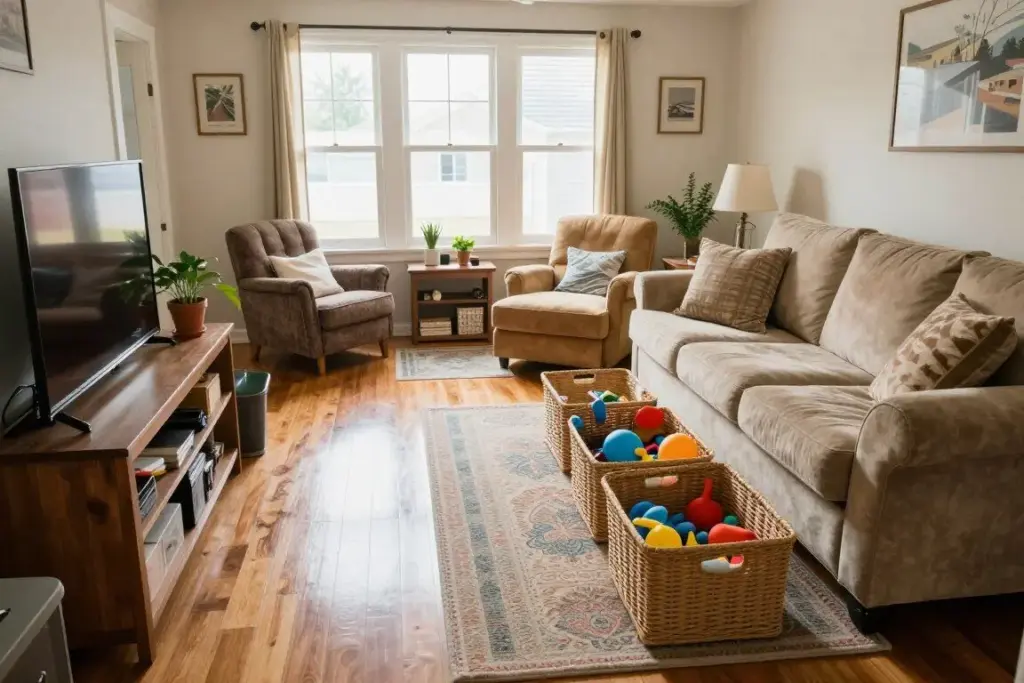 Family room with toys stored in baskets