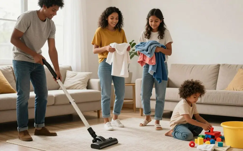 Family sharing simple household cleaning tasks