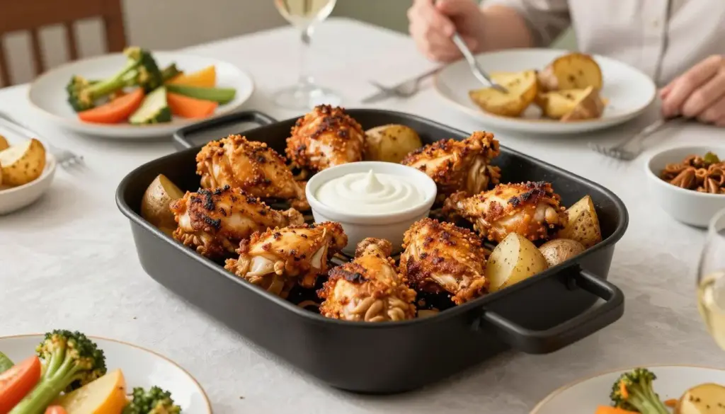 Finished air fried meal with evenly browned food on a dinner table