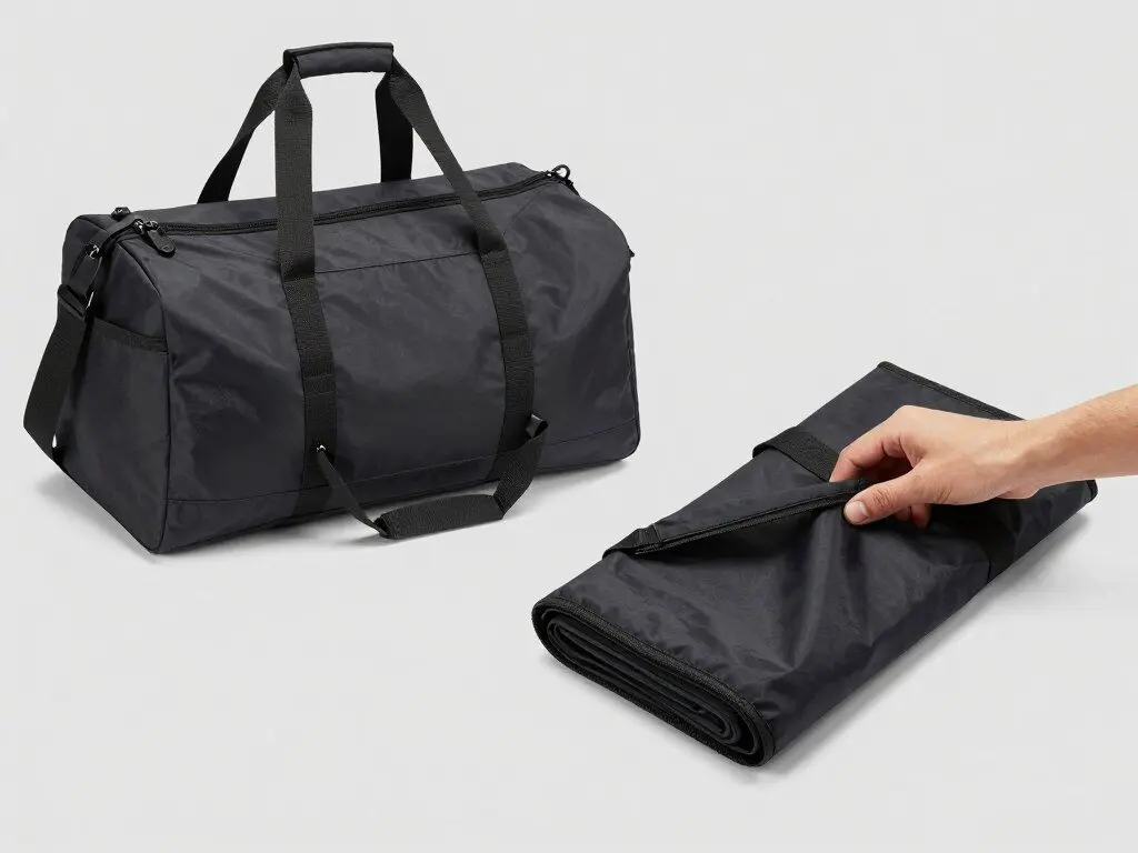 Foldable duffle bag shown both folded and unfolded