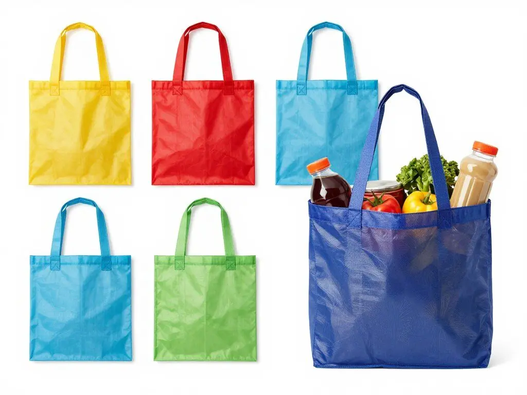 Foldable reusable shopping bags in carrying pouch