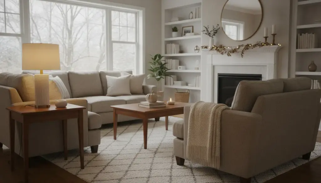 Fresh cozy living room ready for winter after fall cleaning checklist tasks