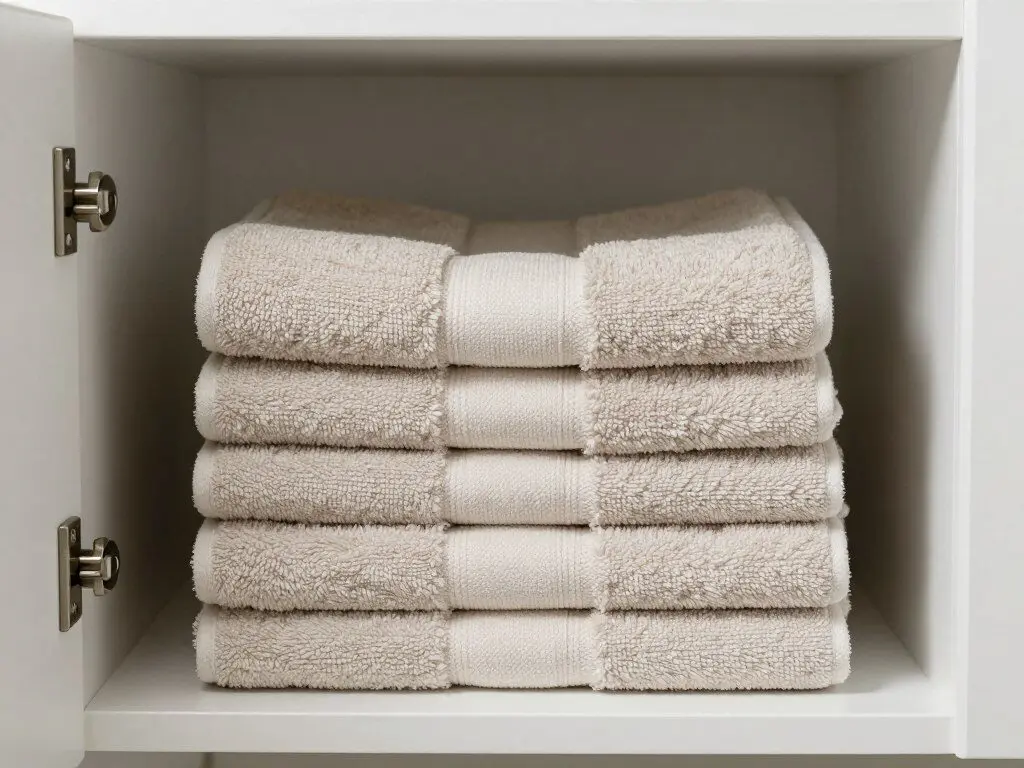 Fresh towels stacked in a bathroom cabinet