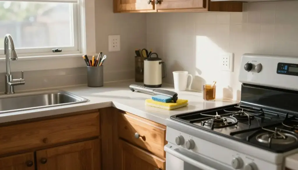 Freshly organized kitchen after weekly cleaning
