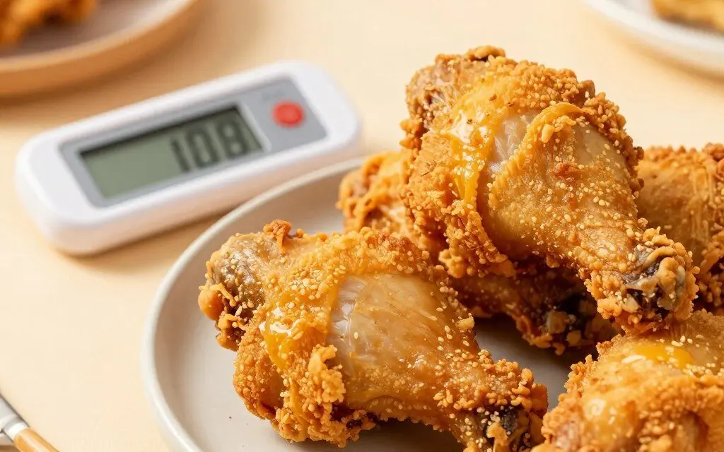 Golden air fried chicken pieces ready for an internal temperature check