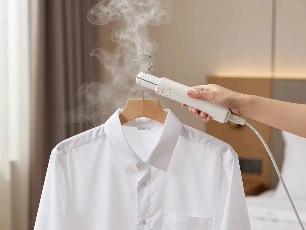 Handheld travel clothes steamer removing wrinkles