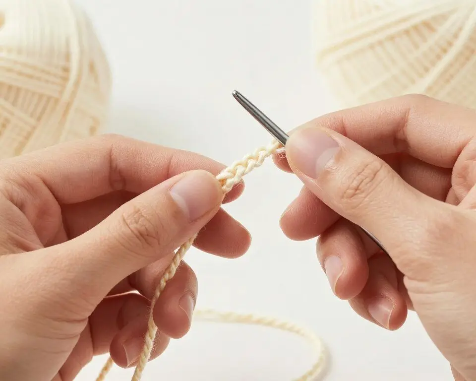 Hands creating a foundation chain with a crochet hook
