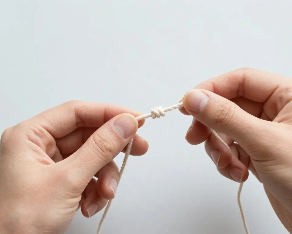 Hands making a slip knot with light crochet yarn