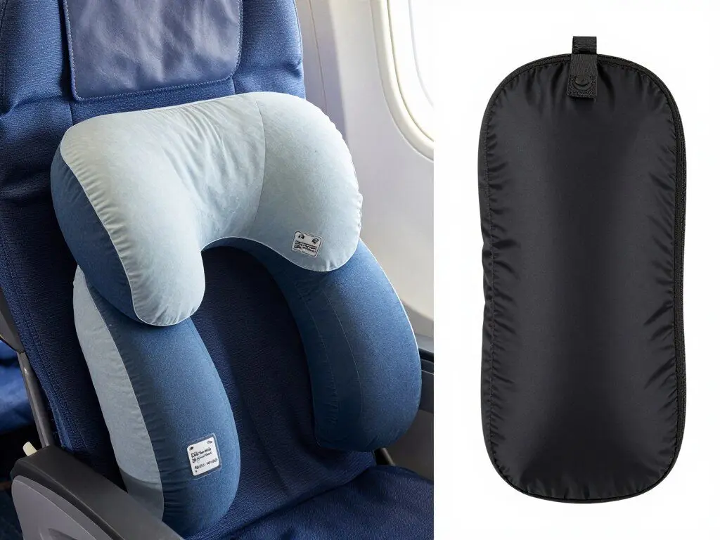 Inflatable travel pillow in use on airplane
