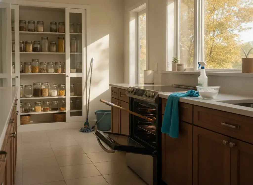 Kitchen deep cleaning scene with clean counters and appliances