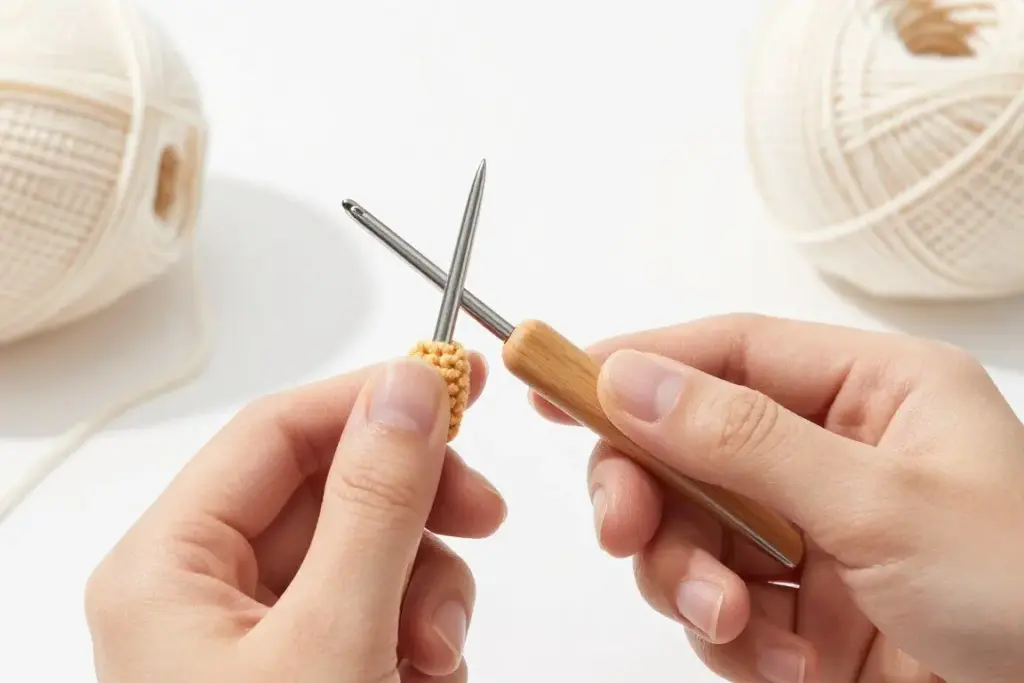 Knife grip showing how to hold a crochet hook with relaxed hands