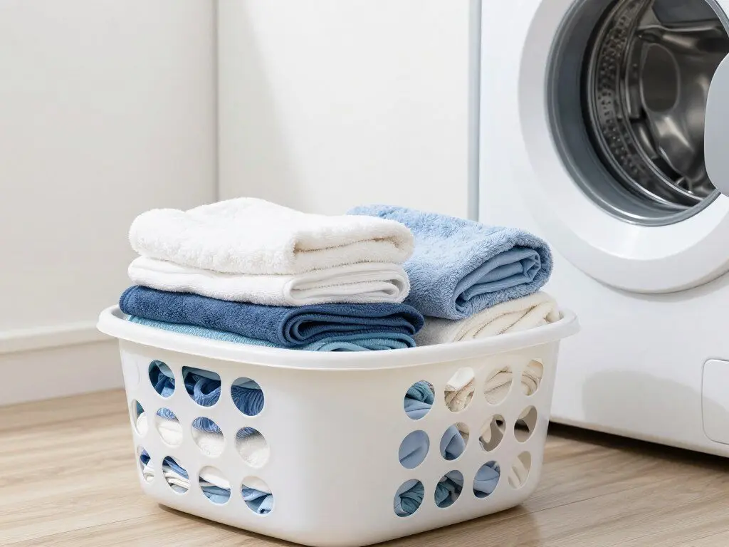 Laundry basket with folded clothes and towels
