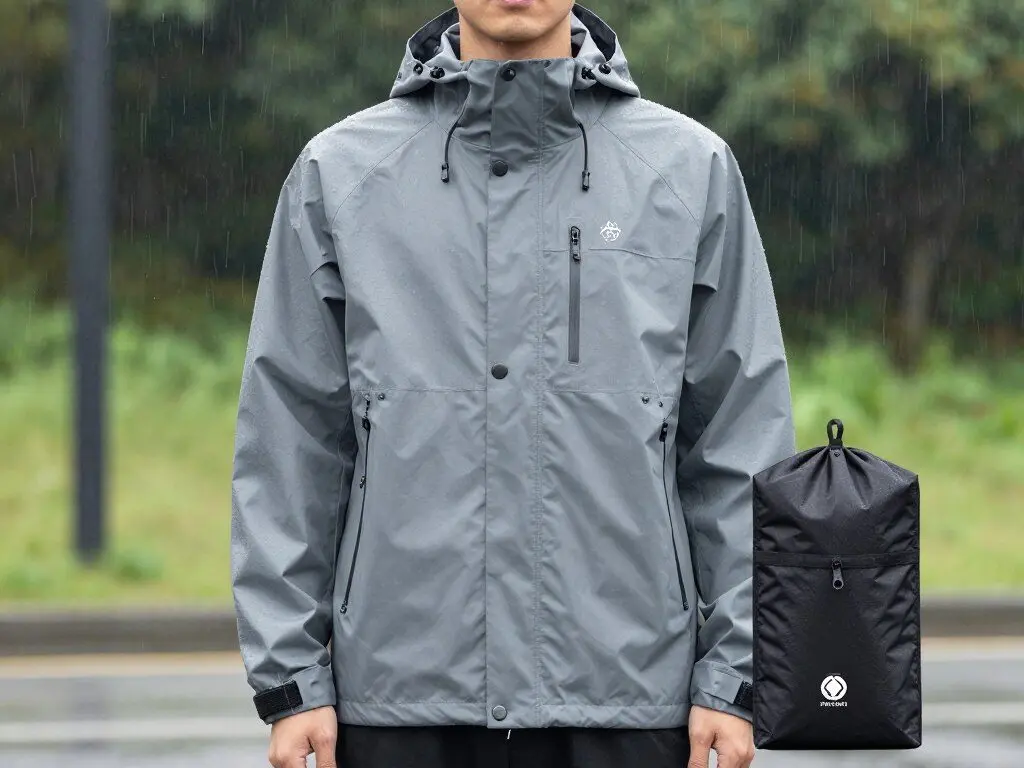 Lightweight packable rain jacket with carrying pouch