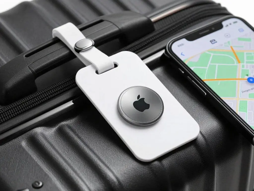 Luggage tracker device attached to suitcase