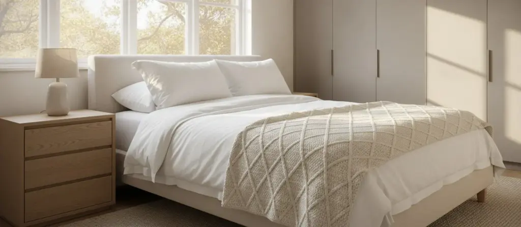 Organized bedroom with fresh bedding and fall light