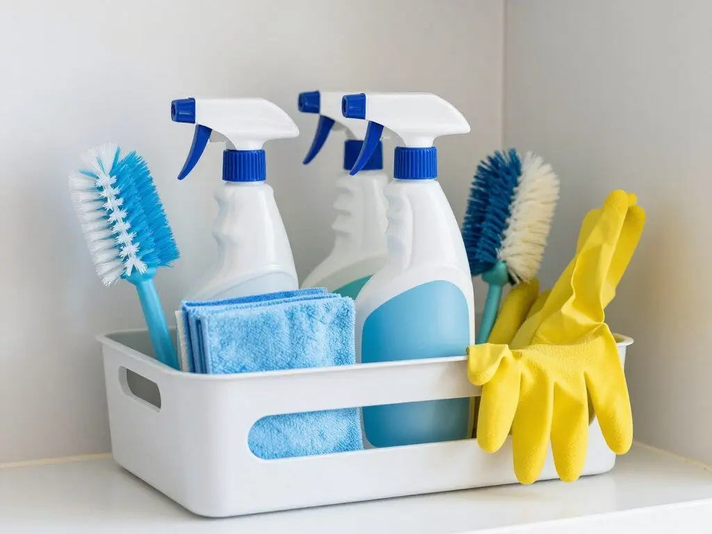Organized cleaning supplies in a labeled caddy