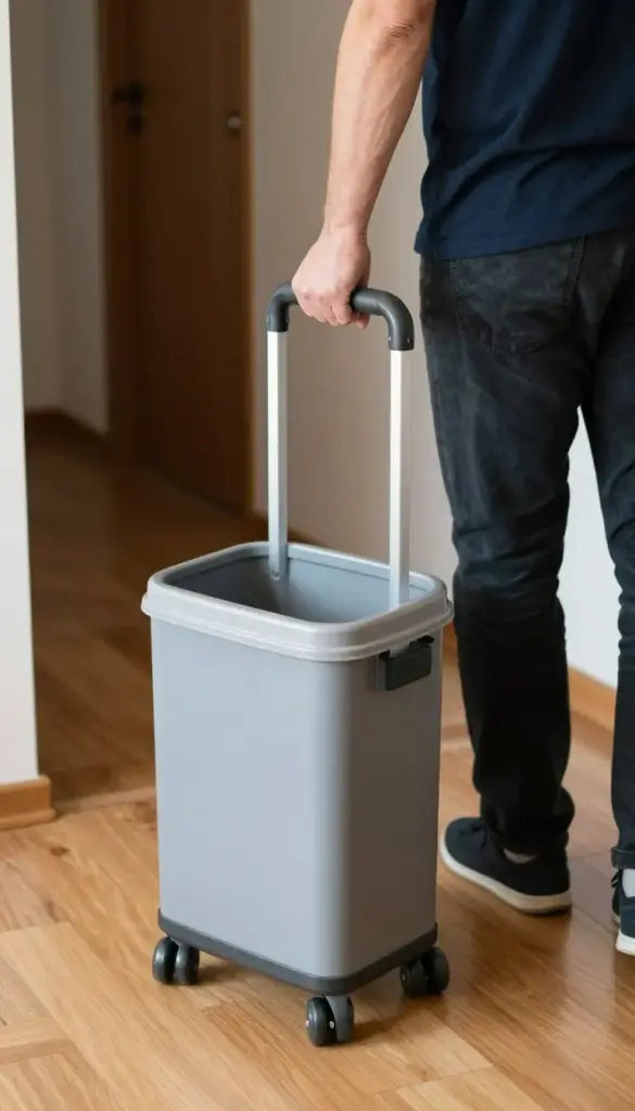 Person carrying a small cleaning caddy between rooms