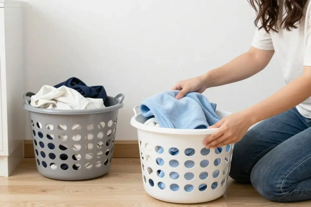 Person sorting laundry into separate baskets