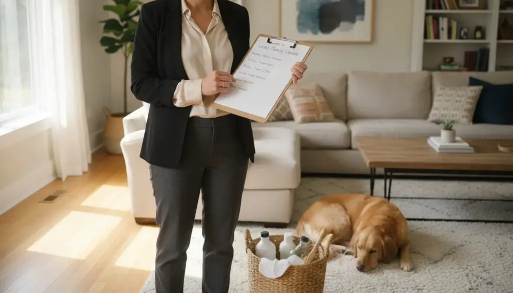 Person using a weekly cleaning schedule on a clipboard