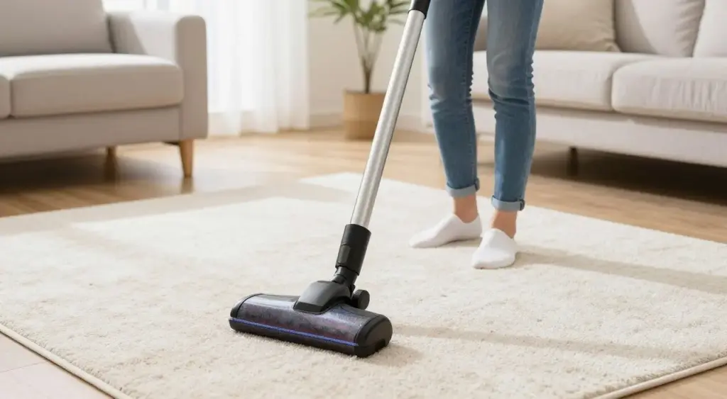 Person vacuuming a bright living room floor