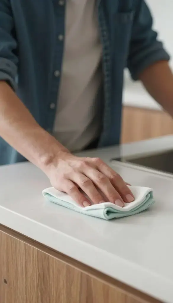 Person wiping a kitchen counter during a short cleaning session