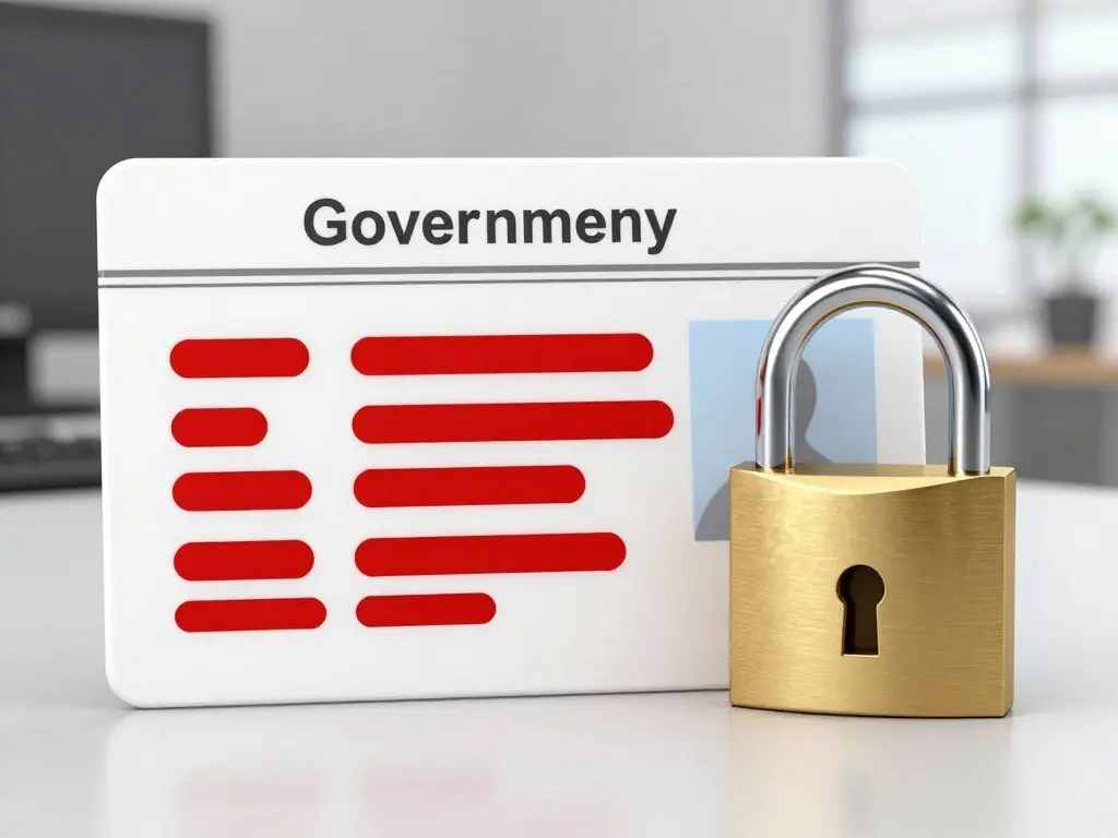 Redacted government identification document beside a lock