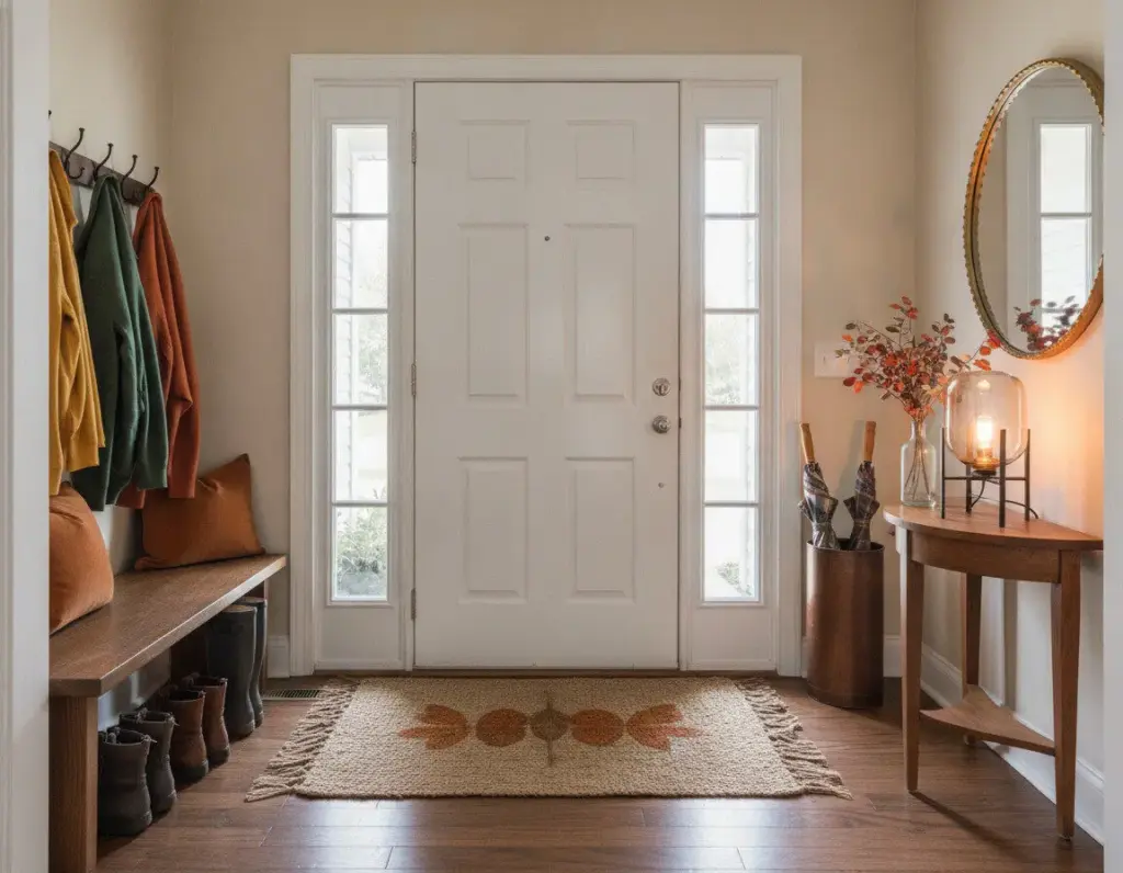 Refreshed fall entryway with organized coats and clean door