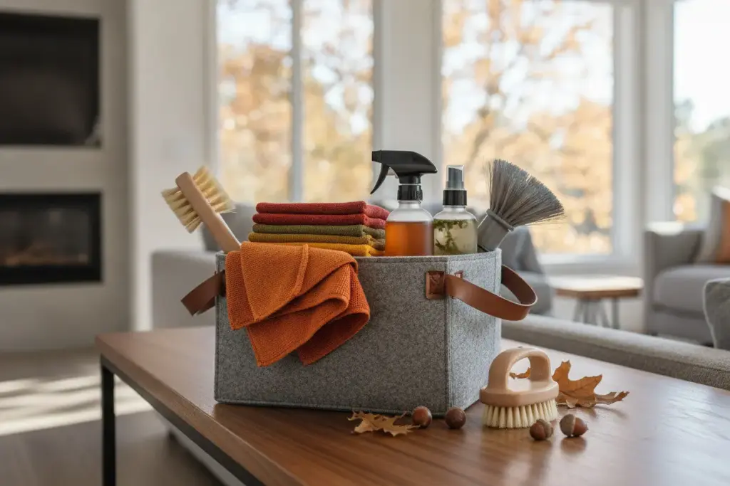 Seasonal cleaning supplies arranged in a home cleaning caddy
