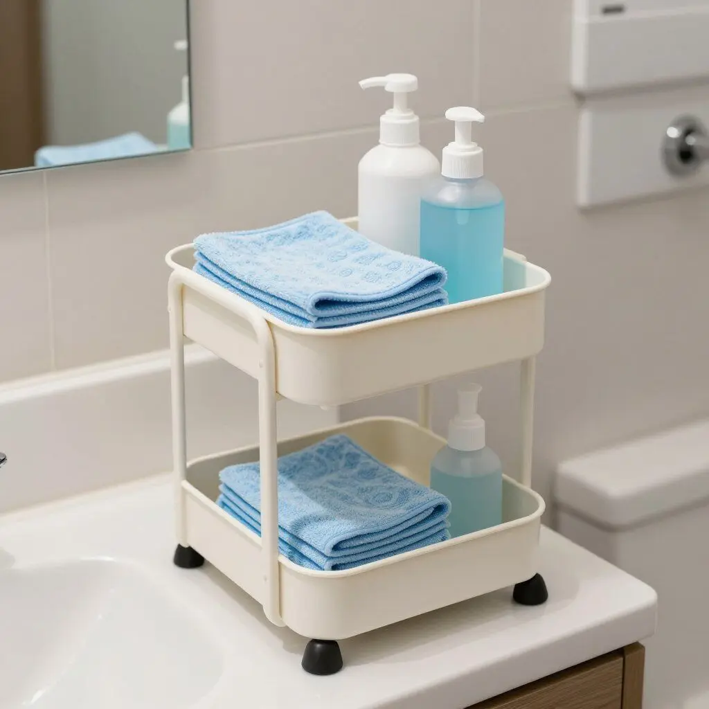 Small cleaning caddy beside a bathroom sink
