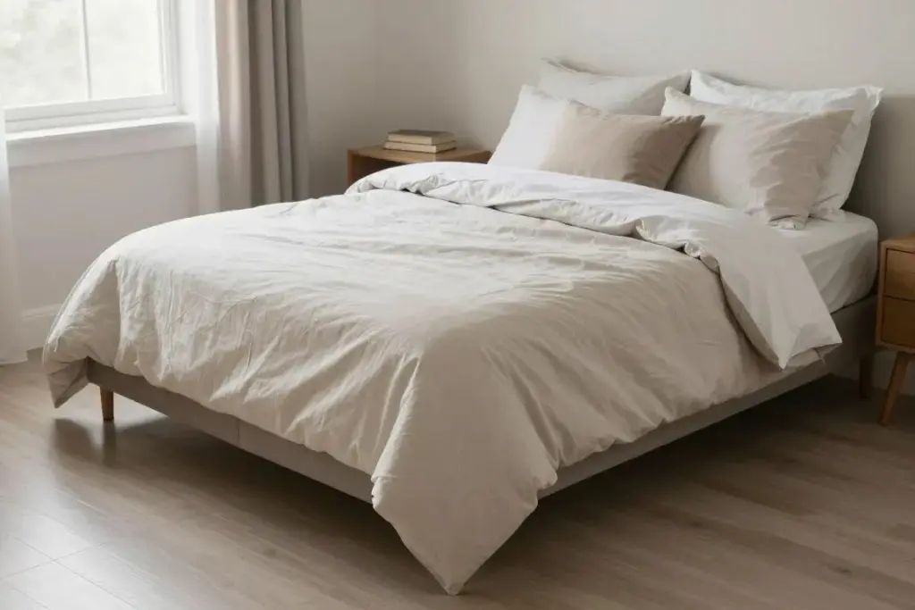 Tidy bedroom with a made bed and clear floor