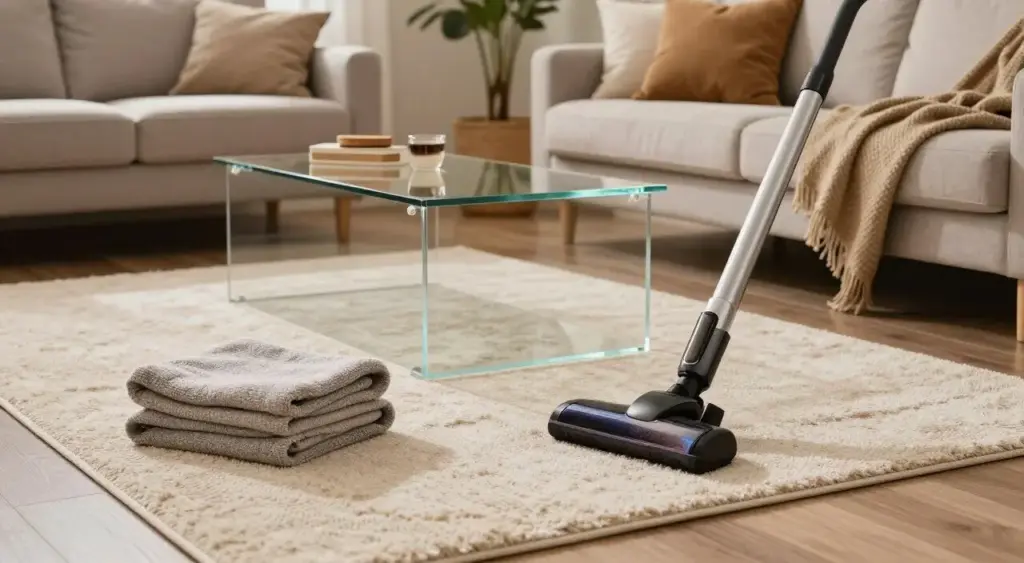 Tidy living room with vacuumed rug and folded blanket