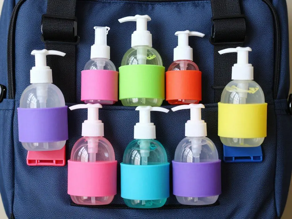 Travel-sized hand sanitizer bottles with clips