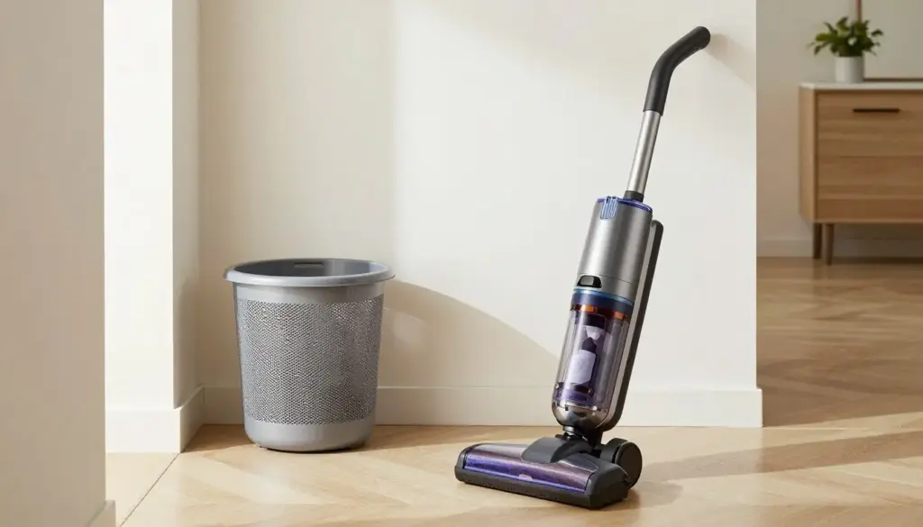Vacuum and cleaning basket ready in a hallway