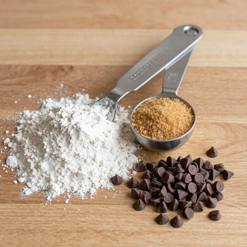 adjustable measuring spoon beside ingredients for cookies