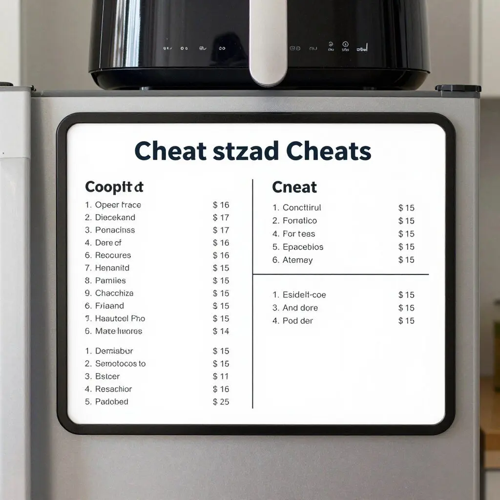 air-fryer magnetic cheat sheet attached to a refrigerator