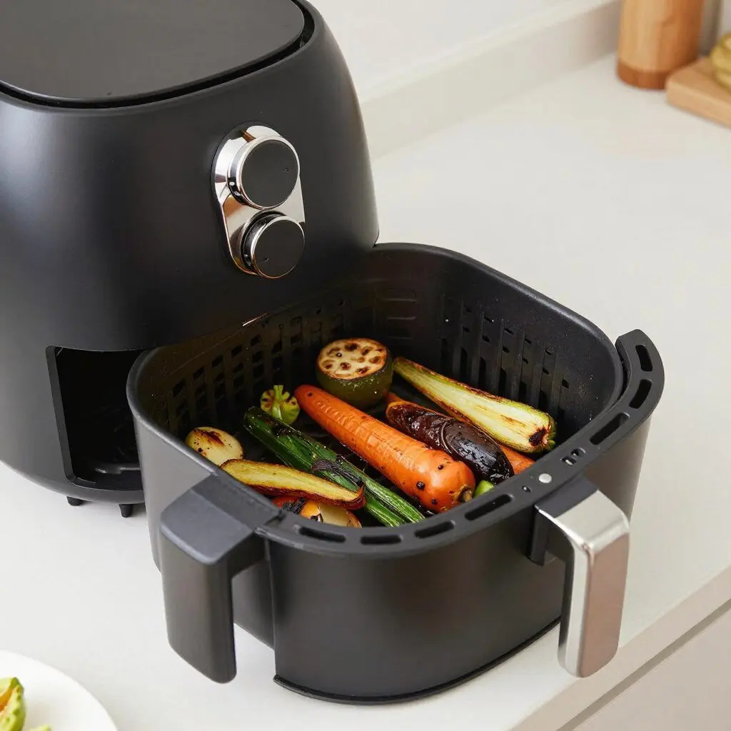 air-fryer silicone basket filled with roasted vegetables