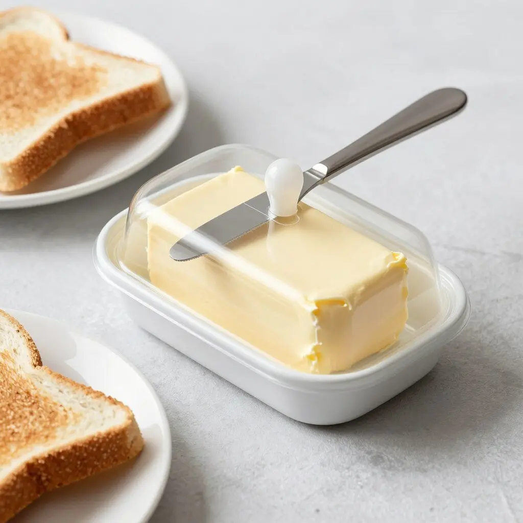 butter dish with built-in knife on a breakfast table