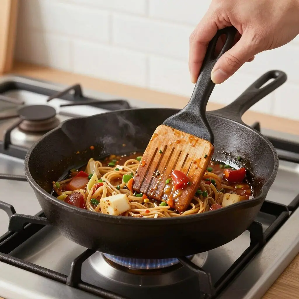 cast-iron pan press flattening food in a skillet