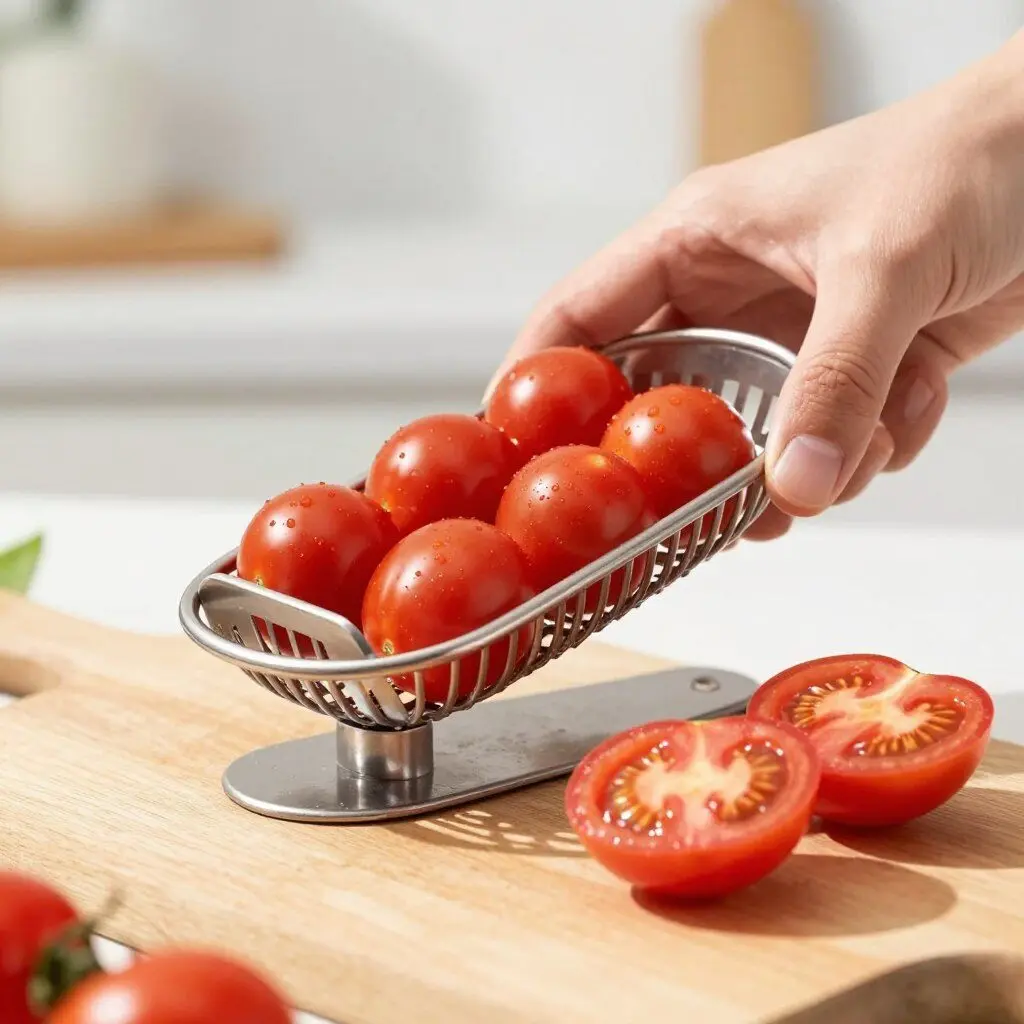 cherry tomato slicer with halved tomatoes for a salad