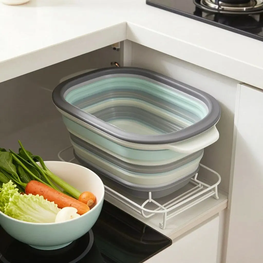 collapsible colander folded beside a bowl of washed vegetables