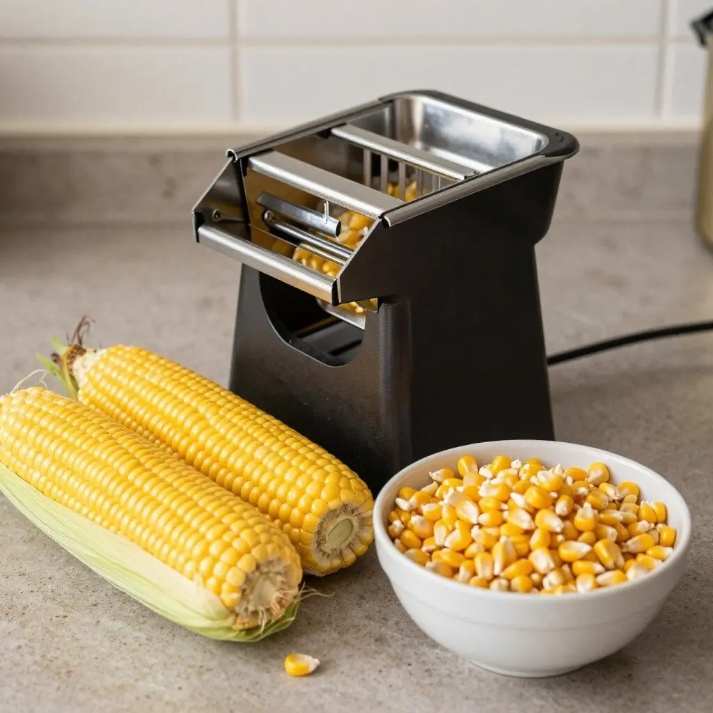 corn kernel stripper beside a fresh ear of corn