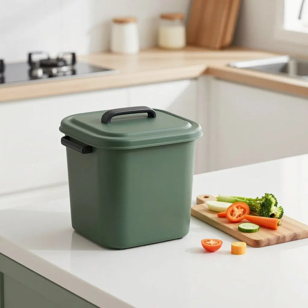 countertop compost bin beside vegetable scraps and a cutting board