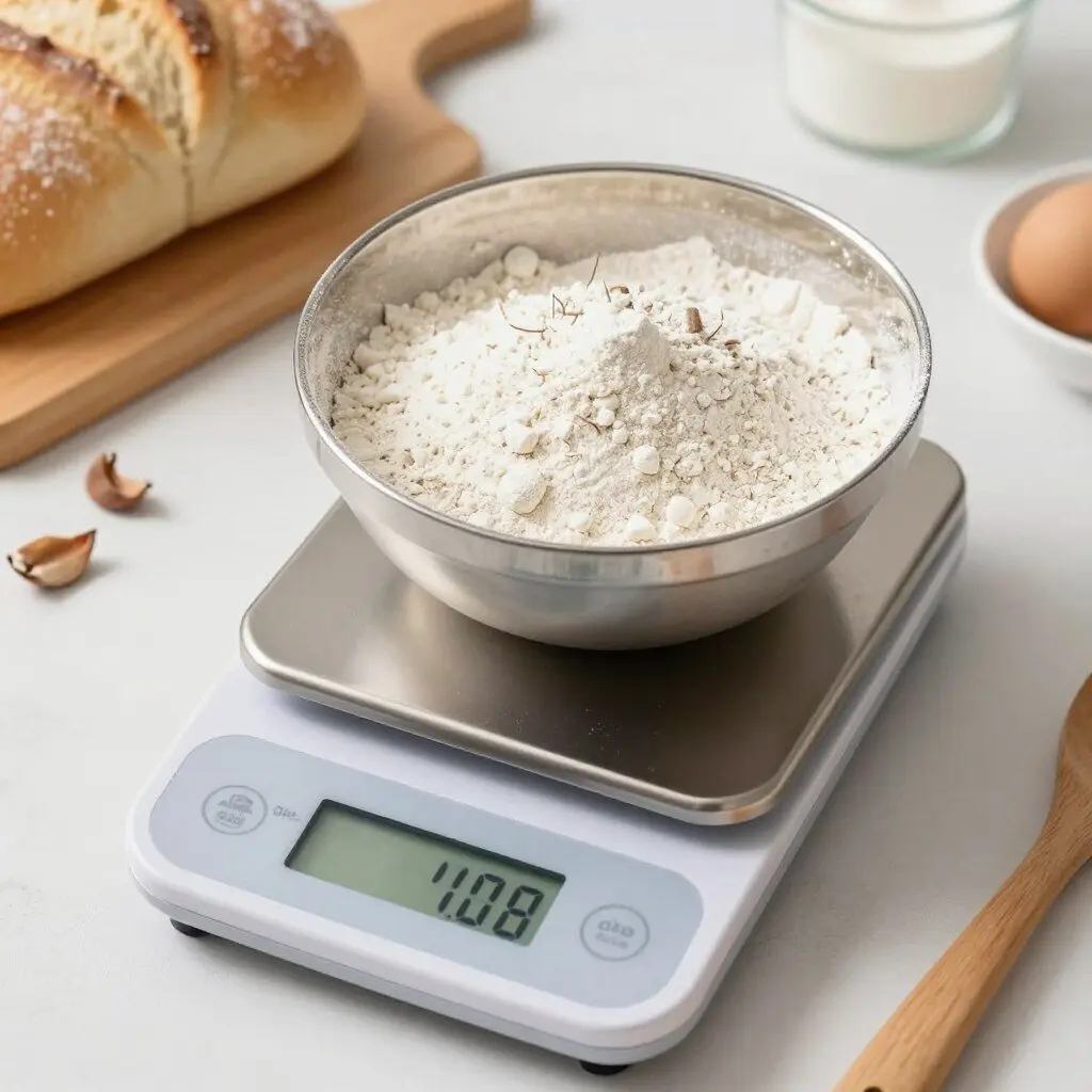 digital kitchen scale with bowl weighing flour for bread