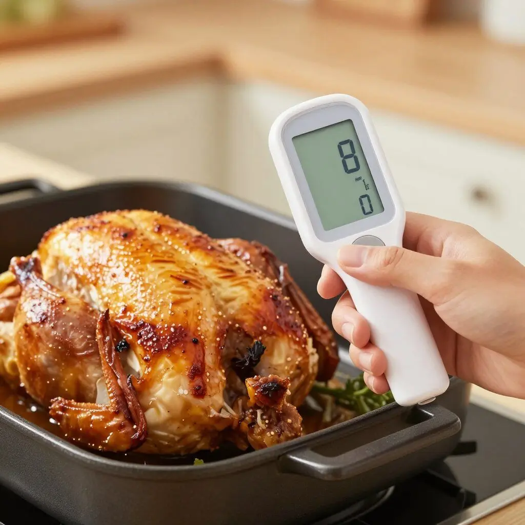 digital meat thermometer checking roasted chicken