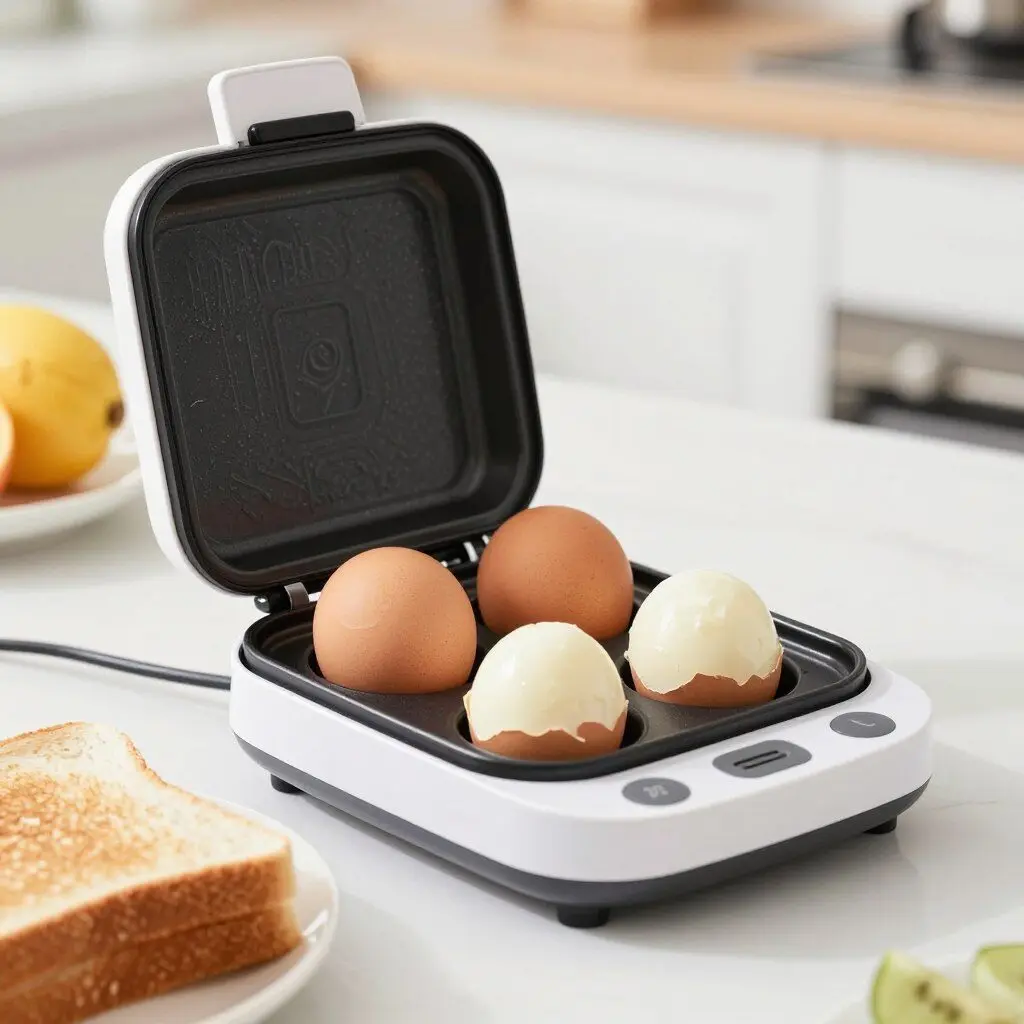 egg boiler with peeled eggs and breakfast ingredients