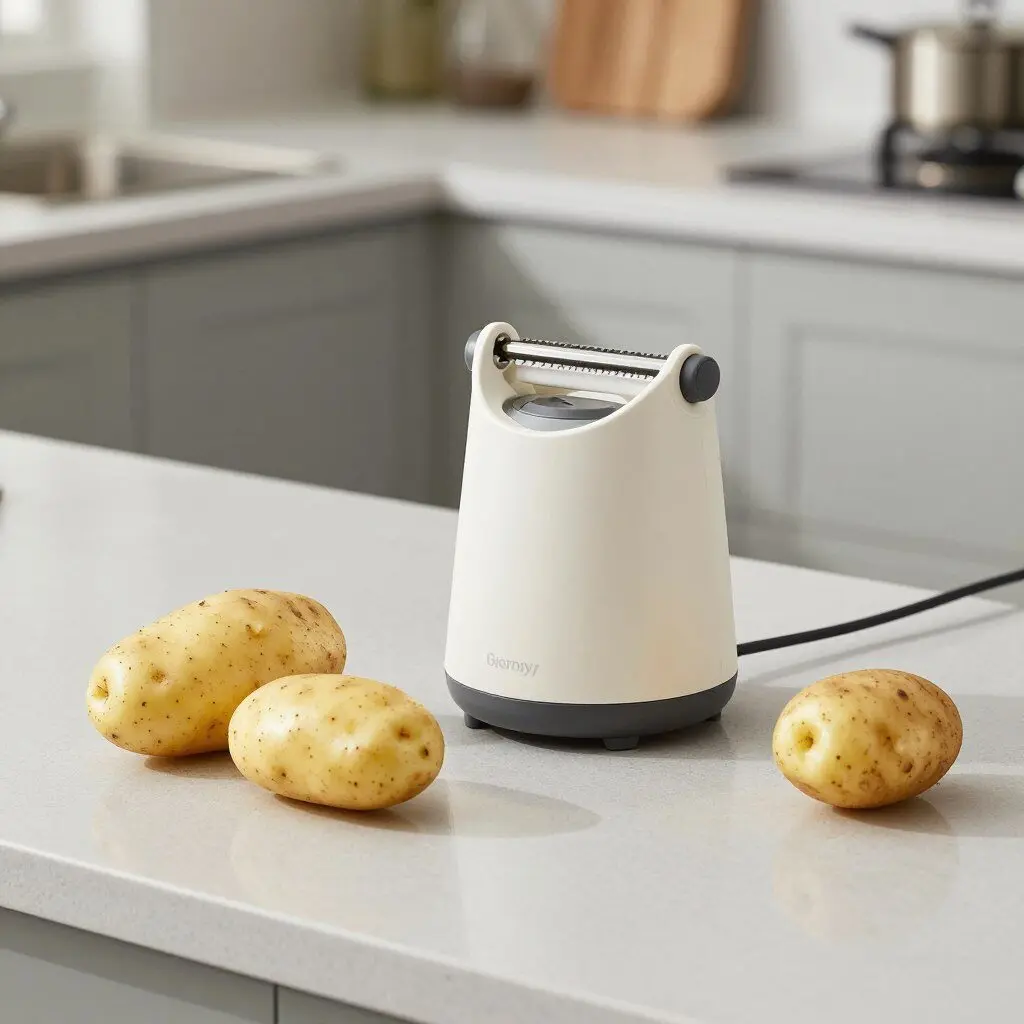 electric potato peeler beside potatoes ready for meal prep