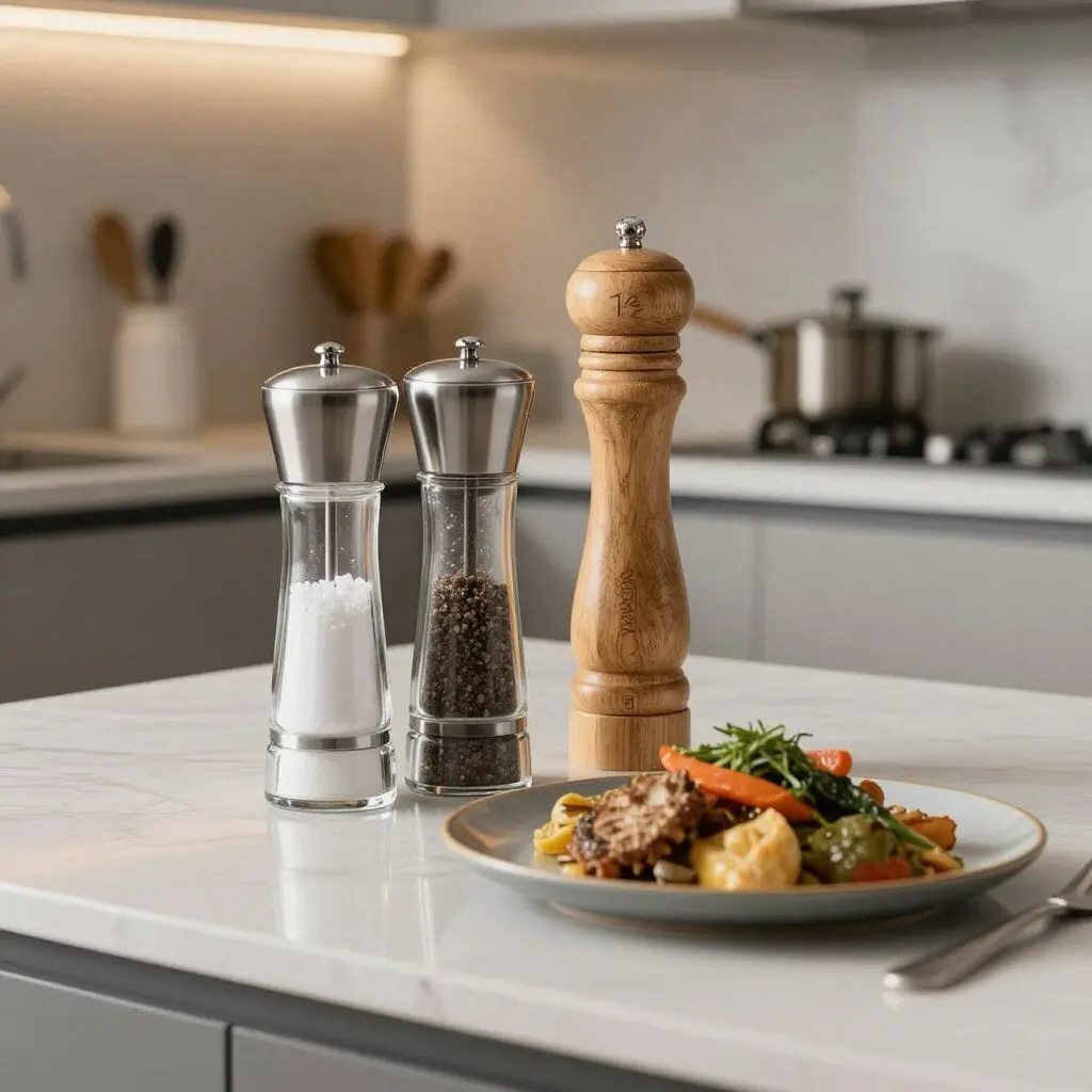 electric salt and pepper grinders beside a dinner plate