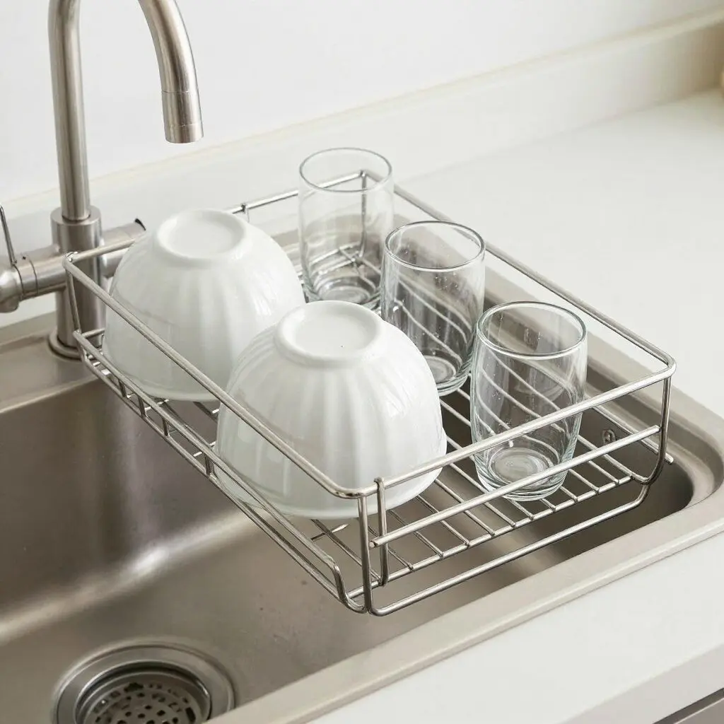 expandable sink drying rack holding bowls and utensils