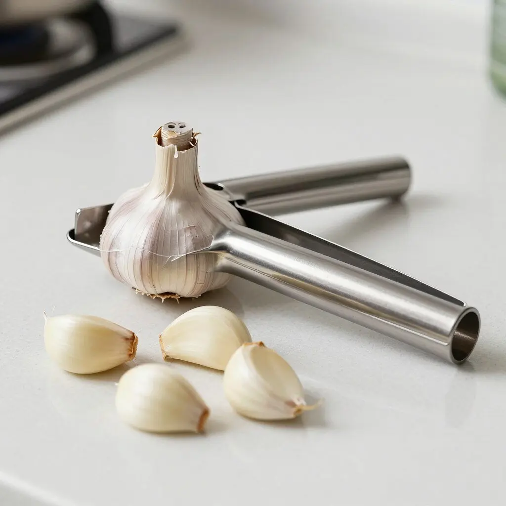 garlic press with peeled garlic cloves on a kitchen counter